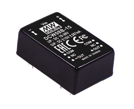 MEAN WELL DCW08A-12 2 output DC/DC converter; 8W; 12V 335mA; -12V -335mA; 1kV isolated